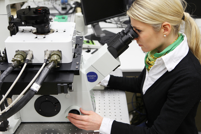 Enlarged view: The Nanomag on an inverted microscope for cell manipulation.